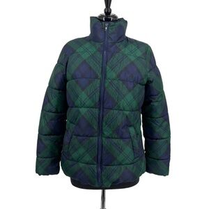 Women’s Green and Navy Blue Tartan Plaid Fleece Lined Puffer Jacket Coat XS